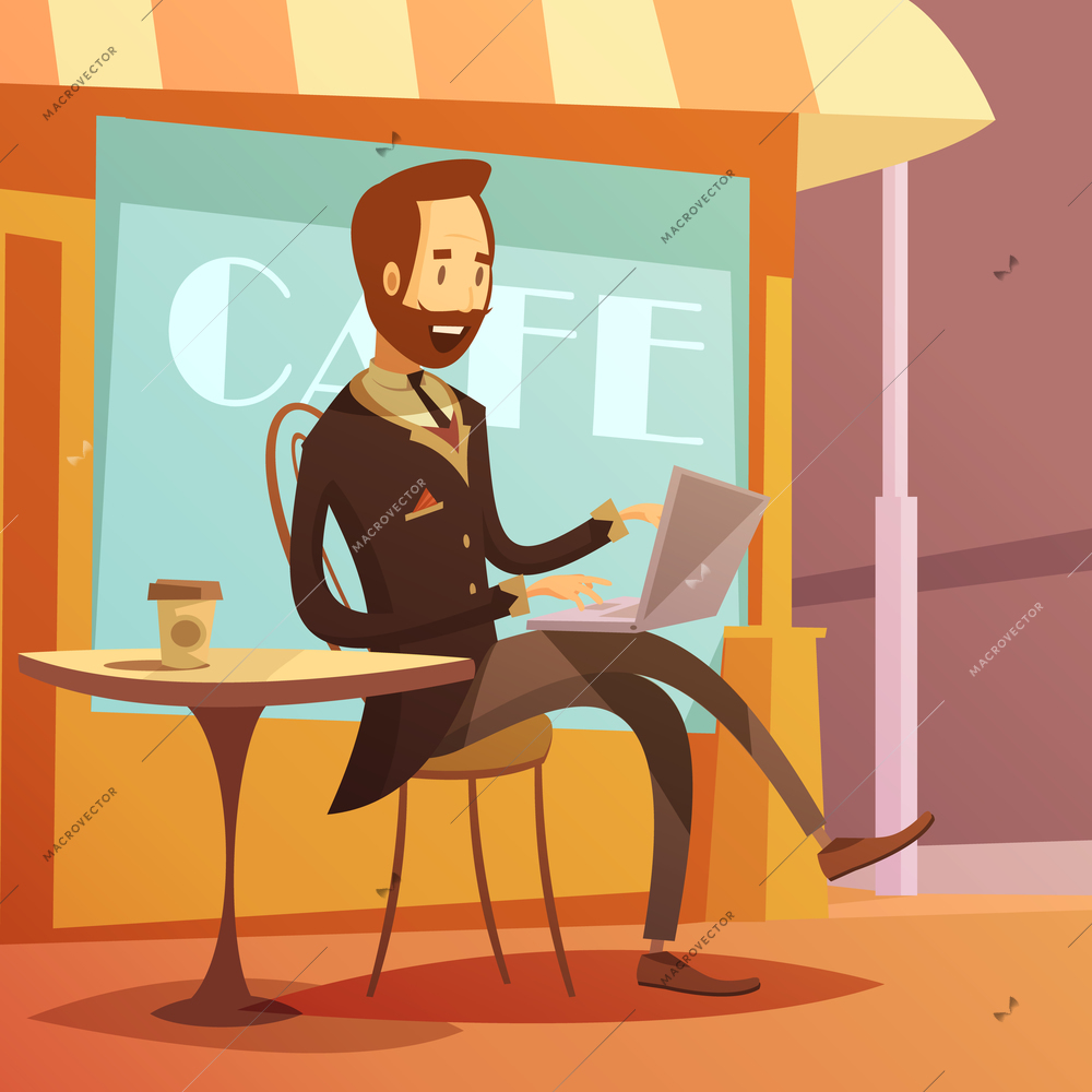 Businessman working background with laptop table and coffee cartoon vector illustration