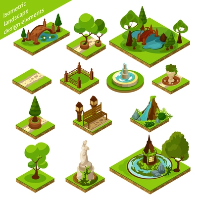 Green brown and blue isometric 3d landscape design elements for beautiful garden isolated vector illustration