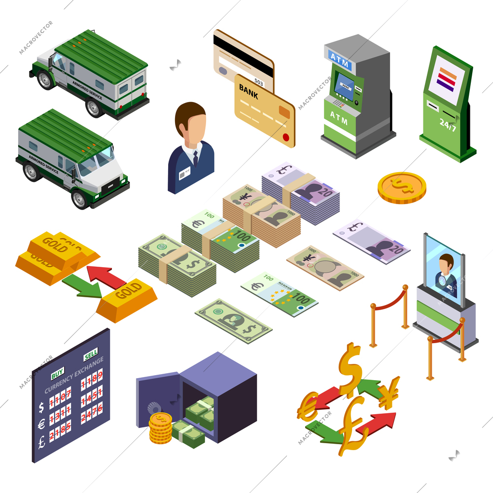 Banking isometric icons set of payment terminal armored trucks credit cards and cash vector illustration