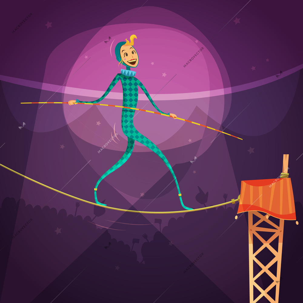 Ropewalker woman wearing a costume with a stick and a rope in the circus cartoon vector illustration