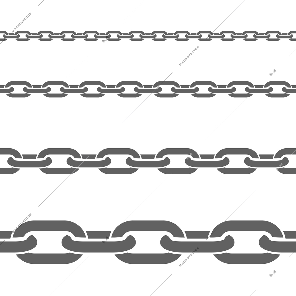 Stainless metal broad and thin steel chains fragments set for decorative seamless border black flat vector illustration