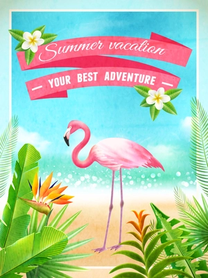 Exotic beach paradise vacation advertisement poster with pink flamingo bird and tropical plants foliage abstract vector illustration