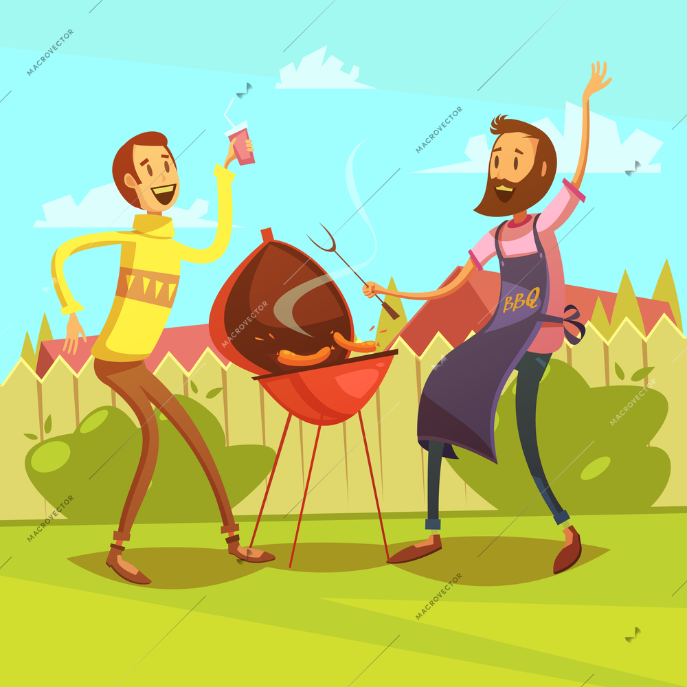 Friends making barbecue background with sausages and drinks cartoon vector illustration