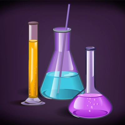 Chemical laboratory set of flasks glassware with tube and cork on violet background print template vector illustration