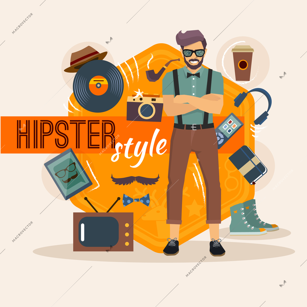 Hipster character pack for geek man with fashion accessory and objects vector illustration