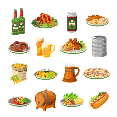 Annual oktoberfest festival traditional food with sausage and beer barrel flat icons collection abstract isolated vector illustration