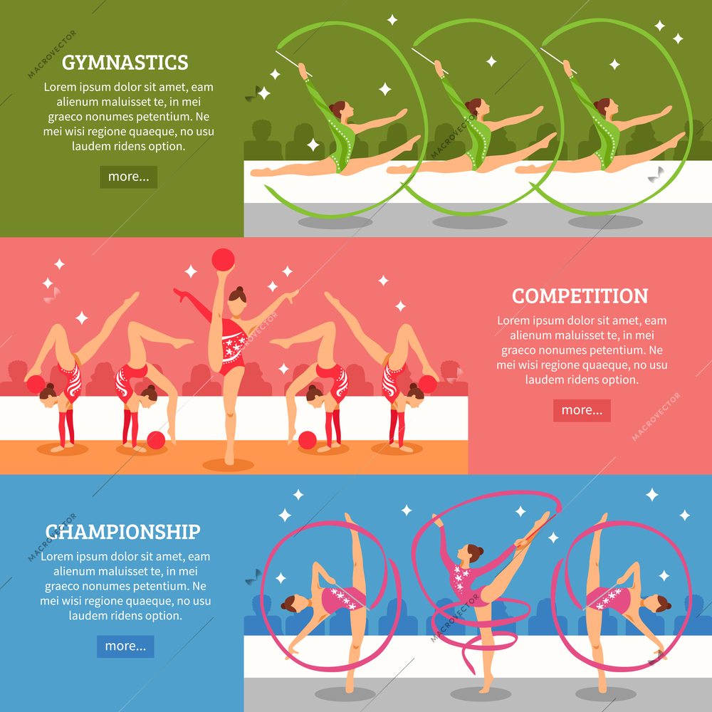 Art gymnastics horizontal banners with collection of female athletes participating in competitions and championship flat vector illustration