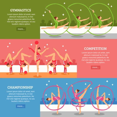 Art gymnastics horizontal banners with collection of female athletes participating in competitions and championship flat vector illustration