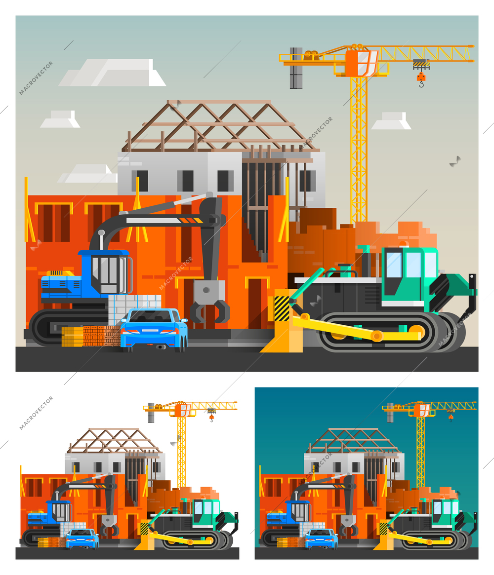 Construction and machines orthogonal compositions set with crane and cars flat isolated vector illustration