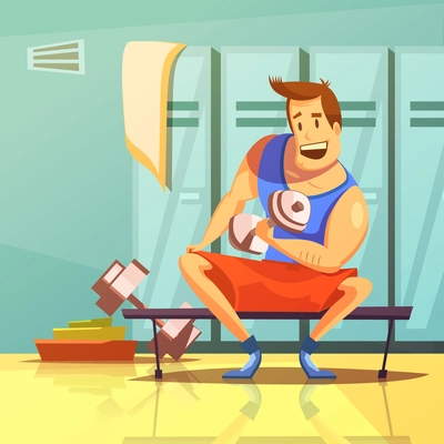 Man training arm muscles with dumbbells in a gym cartoon vector illustration