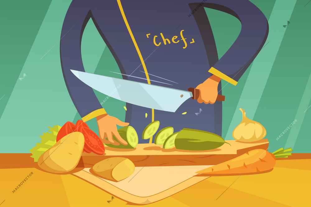 Chef slicing vegetables background with potato tomato cucumber and carrot cartoon vector illustration