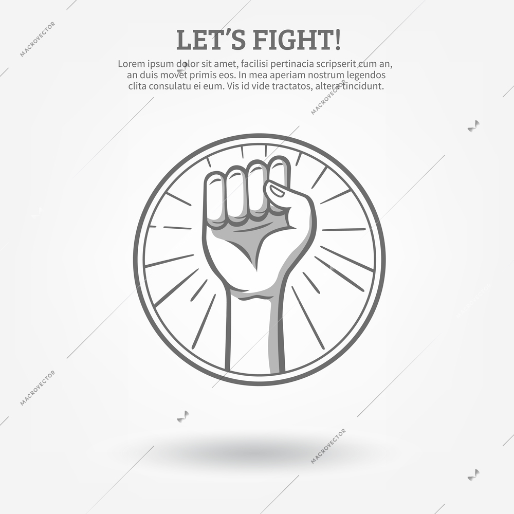 Monochrome hand drawn poster with clenched fist in hoop held high for fight  vector illustration