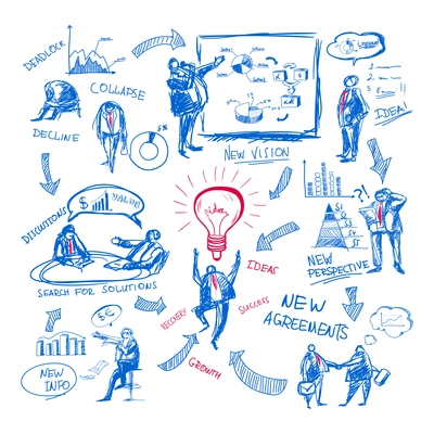 Doodle business management icons set vector illustration