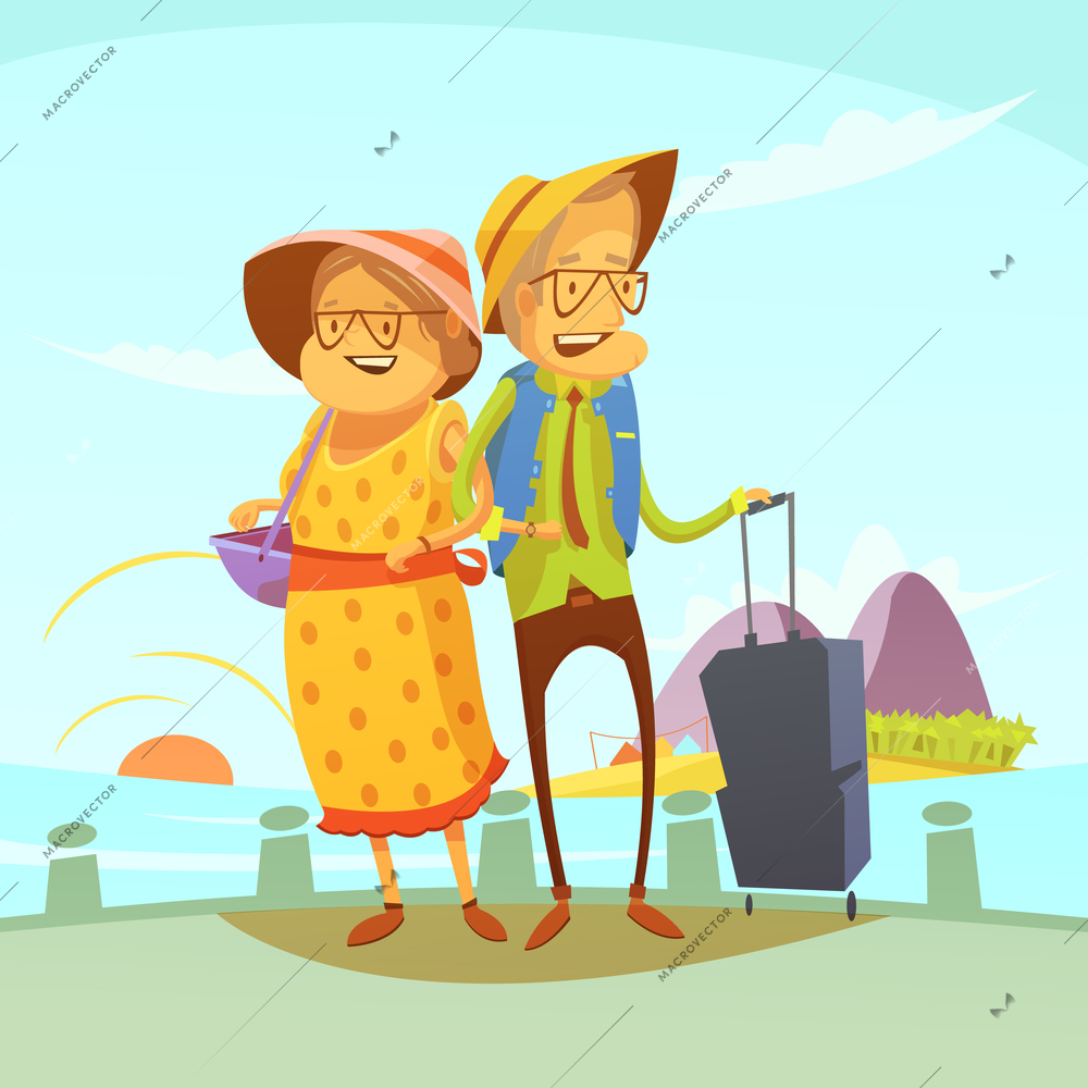 Senior couple traveling background with suitcase and sights cartoon vector illustration