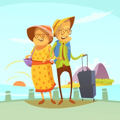 Senior couple traveling background with suitcase and sights cartoon vector illustration
