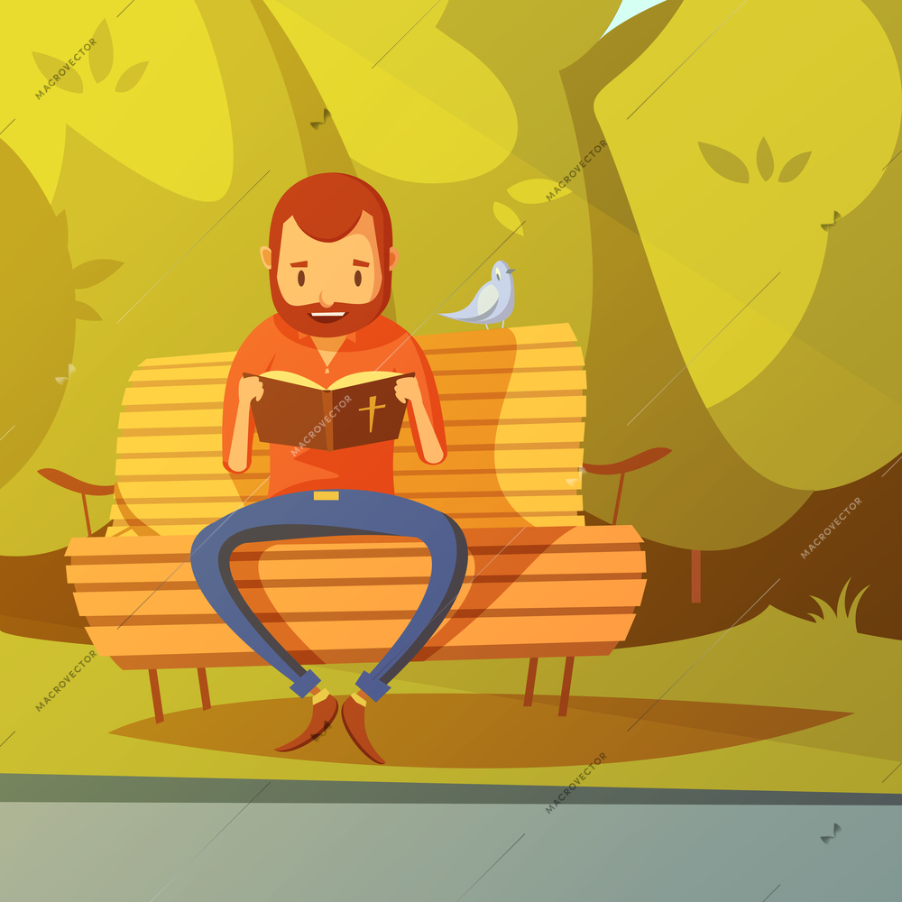 Man reading the Bible on a bench in the park cartoon background vector illustration