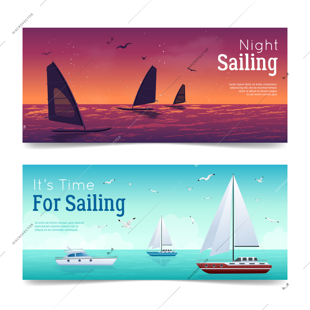 Sailing horizontal cartoon banners set with yachts and sea isolated vector illustration