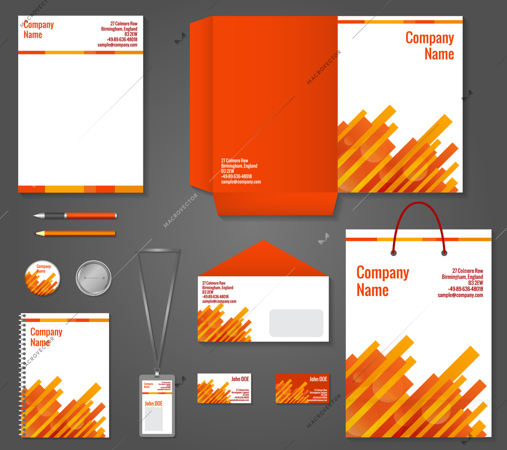 Red and orange geometric technology business stationery template for corporate identity and branding set vector illustration