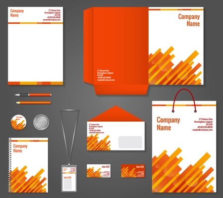 Red and orange geometric technology business stationery template for corporate identity and branding set vector illustration