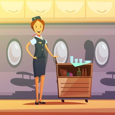 Stewardess and tray with food and drinks in the plane cartoon background vector illustration