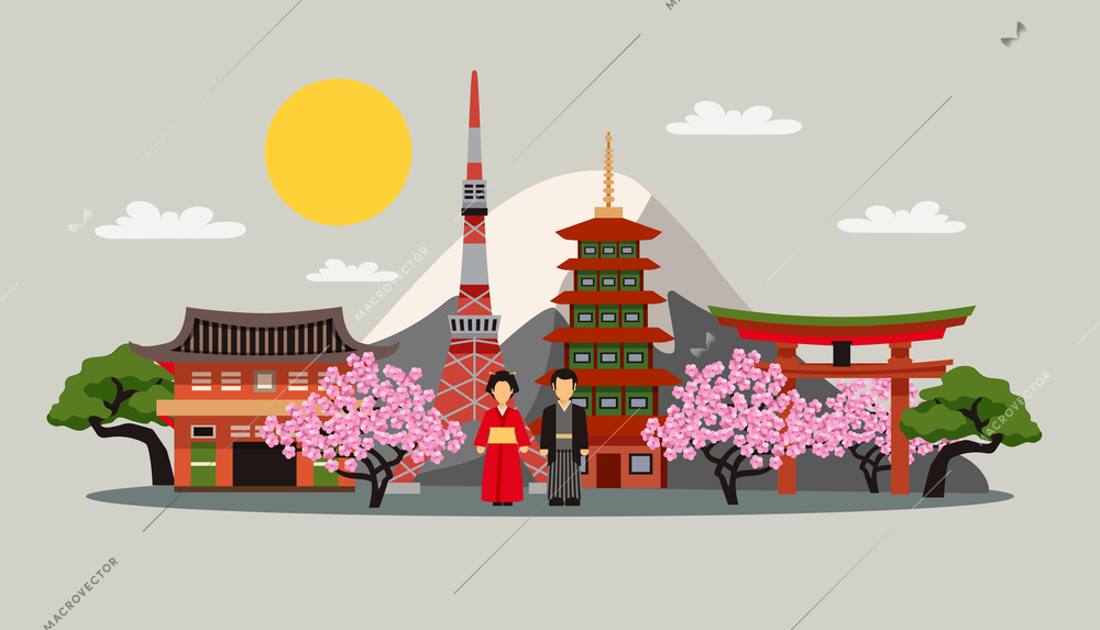 Japan symbols composition flat decorative background poster with kimono dress fuji mountain and sakura blossom abstract vector illustration