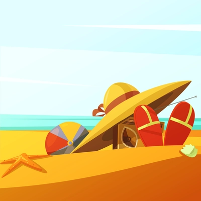 Beach wears background with hat ball radio and slippers cartoon vector illustration