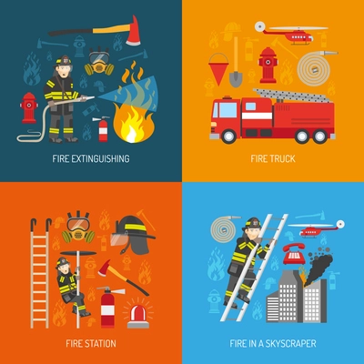 Firefighters work concept 4 flat icons square composition banner with fire station equipment abstract isolated vector illustration