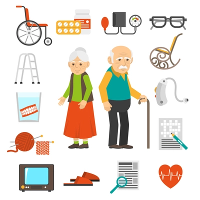 Old couple with senior care products flat icons collection with walker and cane abstract isolated vector illustration