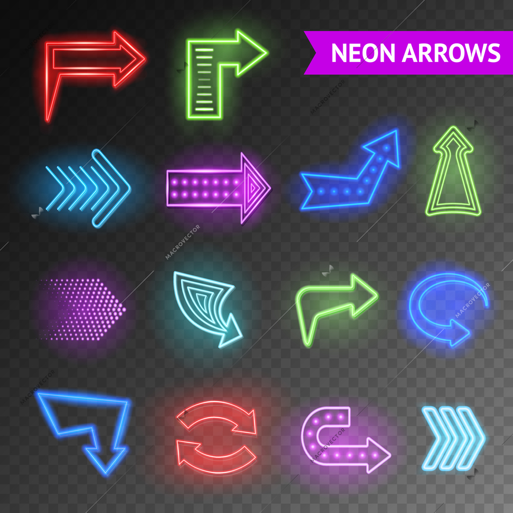 Bright neon realistic arrows set on transparent background isolated vector illustration