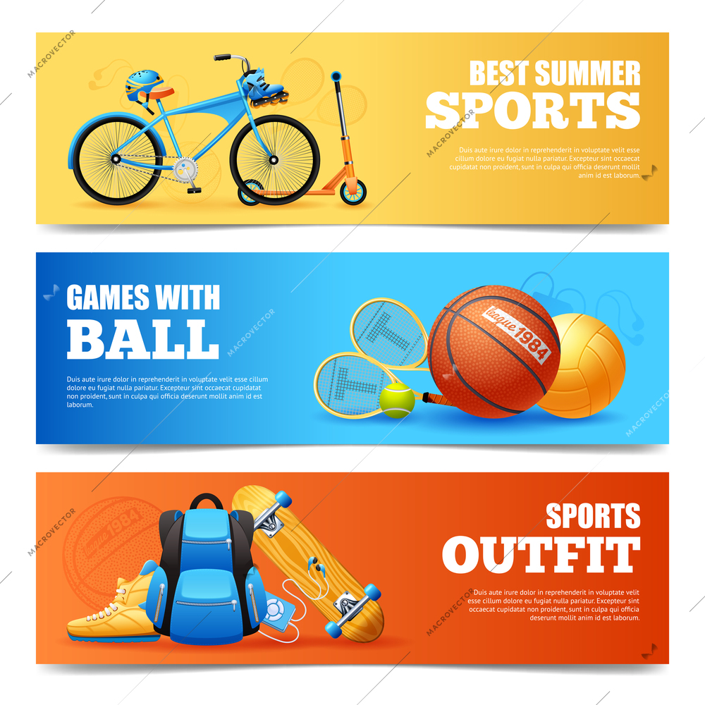 Summer sports cartoon horizontal banners set with cycling and basketball isolated vector illustration