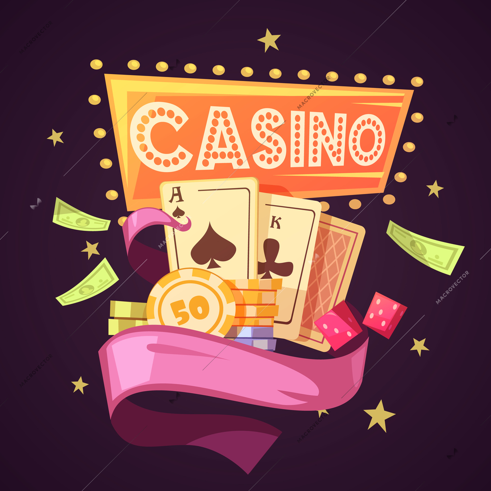 Sparkling casino with cards chips money dice and pink ribbon on purple background flat retro cartoon vector illustration