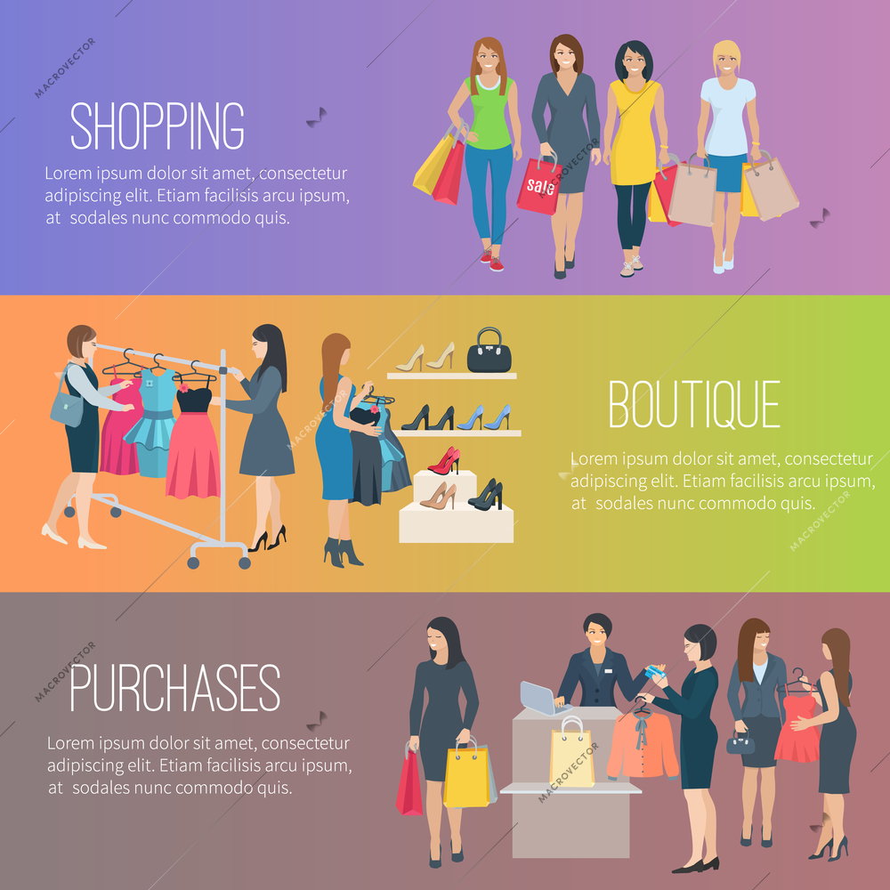 Color flat horizontal banners with text showing woman shopping in boutique vector illustration