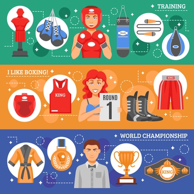 Sports attributes flat horizontal banners set with boxing training and clothes advertising and world championship awards and prizes collection vector illustration