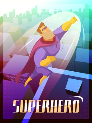 Superhero cartoon poster with big city and flying superman vector illustration
