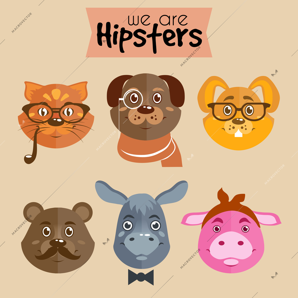 Collection of hipster cartoon character animals cat dog rabbit bear pig and donkey with accessories isolated vector illustration