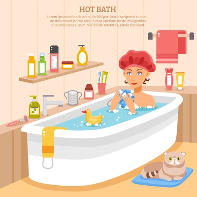 Hot bath poster with woman in soapy water cat on mat and hygiene items vector illustration