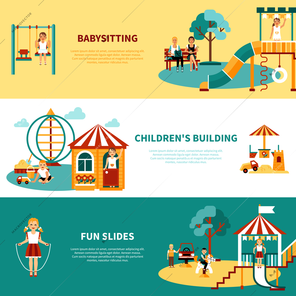 Flat horizontal banners with title and descriptions of playground equipment babysitting childrens building slides vector illustration