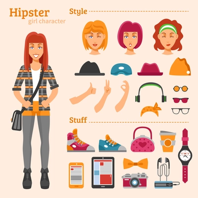 Hipster girl character decorative icons set with expressions hairstyles gestures and colorful stylish stuff isolated vector illustration