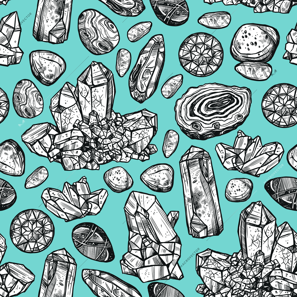 Hand drawn monochrome crystal stones rocks seamless background vector illustration