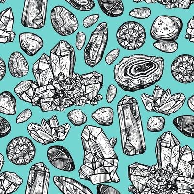 Hand drawn monochrome crystal stones rocks seamless background vector illustration