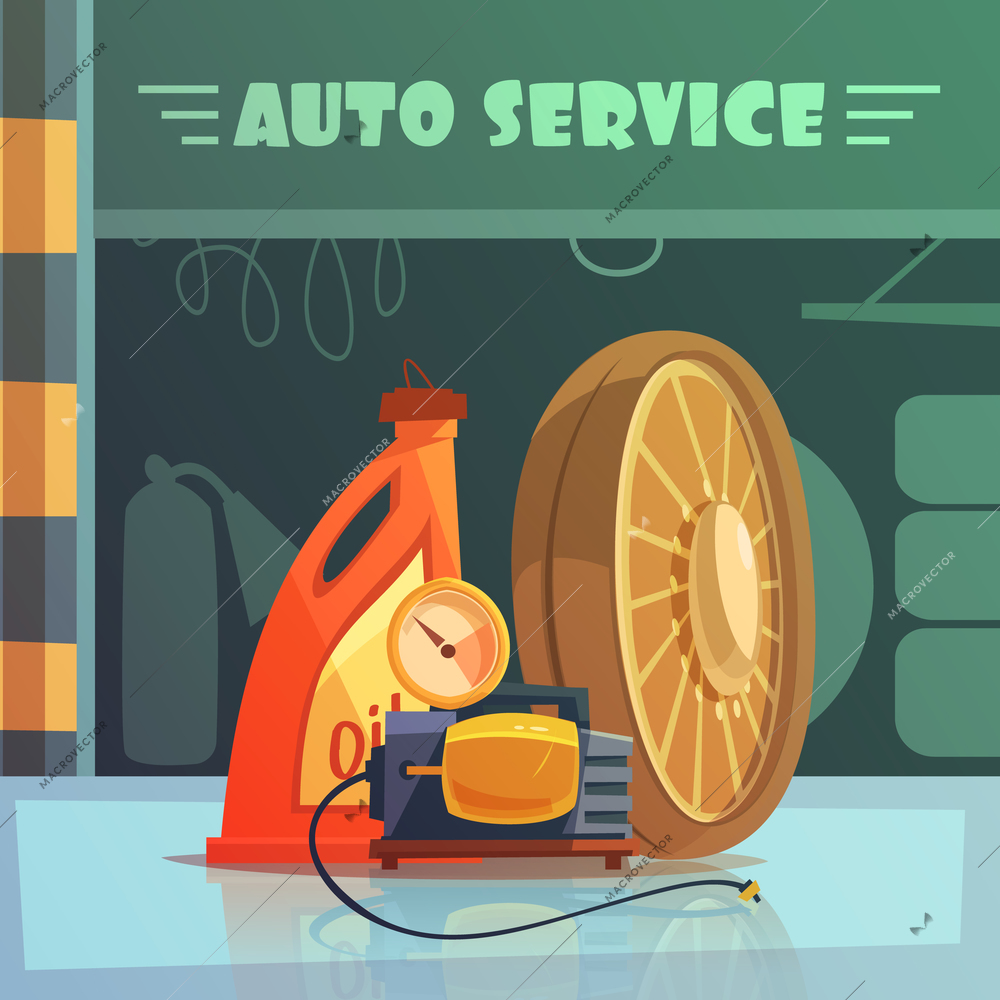 Auto service equipment cartoon background with oil and wheel vector illustration