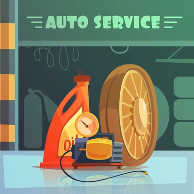 Auto service equipment cartoon background with oil and wheel vector illustration