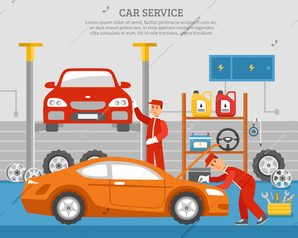 Mechanical services of car with repair of vehicles shelves with accumulator steering wheel machine oil vector illustration