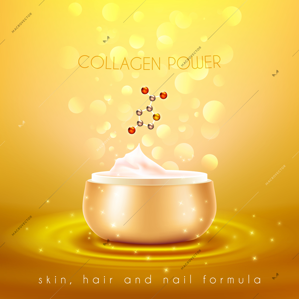 Collagen power moisturizing face skin cream with anti-aging effect advertisement with golden background poster vector illustration