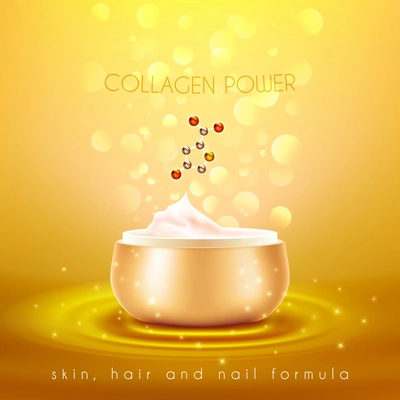 Collagen power moisturizing face skin cream with anti-aging effect advertisement with golden background poster vector illustration