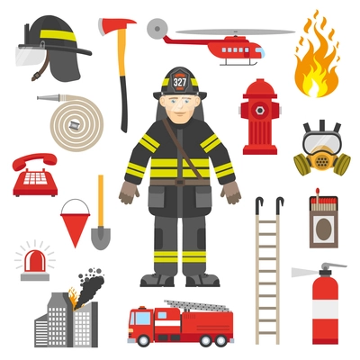 Fireman equipment flat retro style icons collection with red pump and fire extinguisher abstract isolated vector illustration