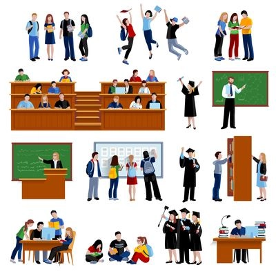 Students at the university in library in auditorium and after exam flat color icons set on white background isolated vector illustration