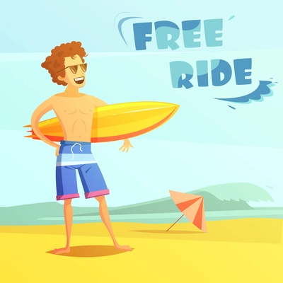 Surfing free ride with surfer holding surfboard on beach flat retro cartoon vector illustration