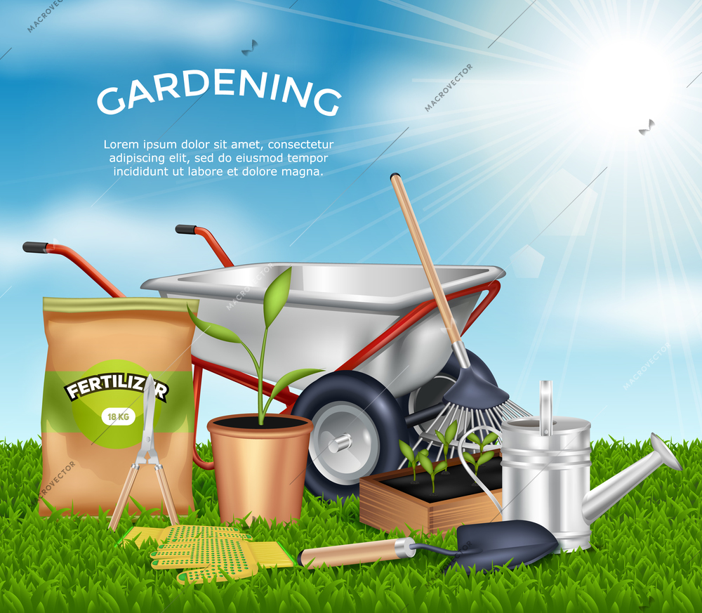 Gardening tools on green grass design concept set in sunlight at blue sky background vector illustration