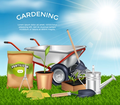 Gardening tools on green grass design concept set in sunlight at blue sky background vector illustration